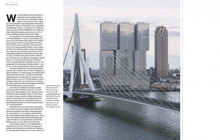 Foto der Rotterdamer Erasmusbrücke, die von der Innenstadt zum Vorzeigestadtteil Wilhelminapier führt. Rechts daneben die Drillingstürme De Rotterdam von Rem Koolhaas' Architekturbüro OMA erinnern an die Container, die hier einst gestapelt wurden.